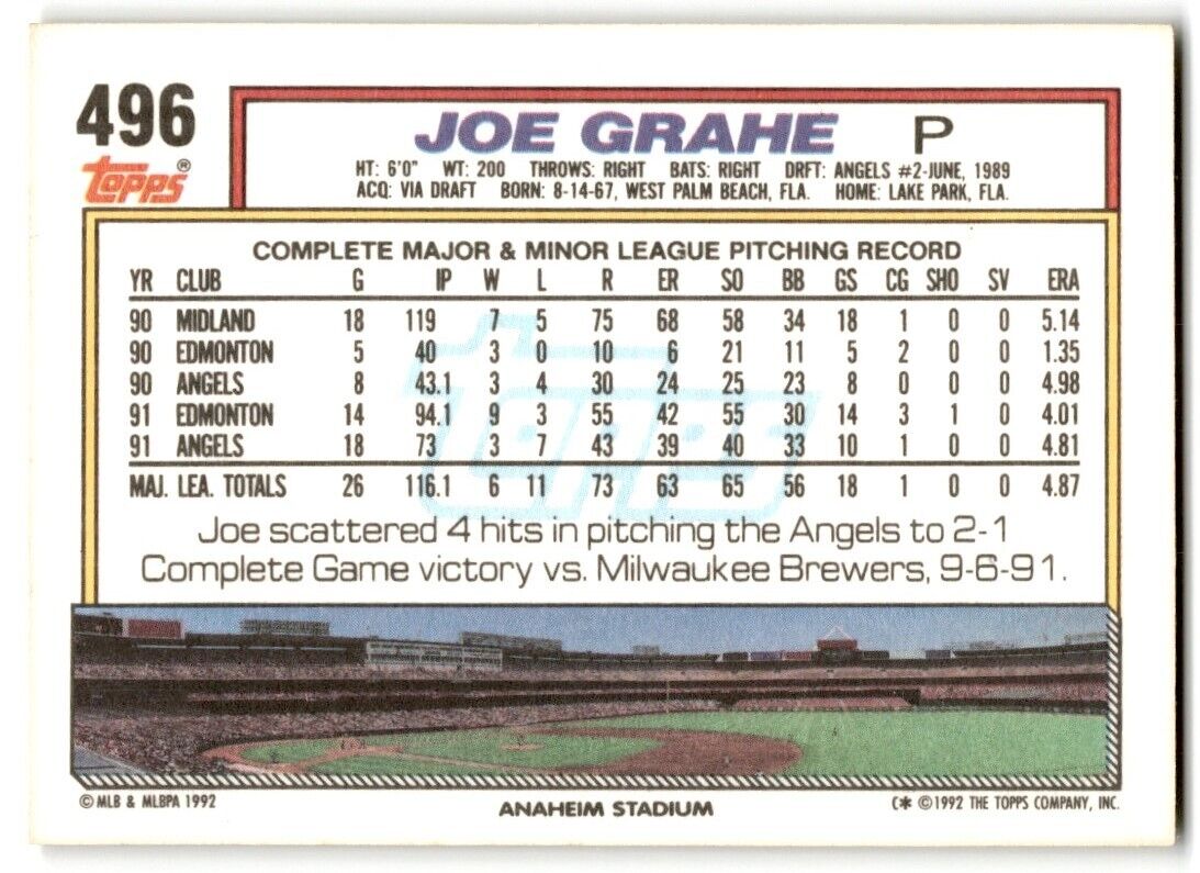 1992 Topps Joe Grahe California Angels #496