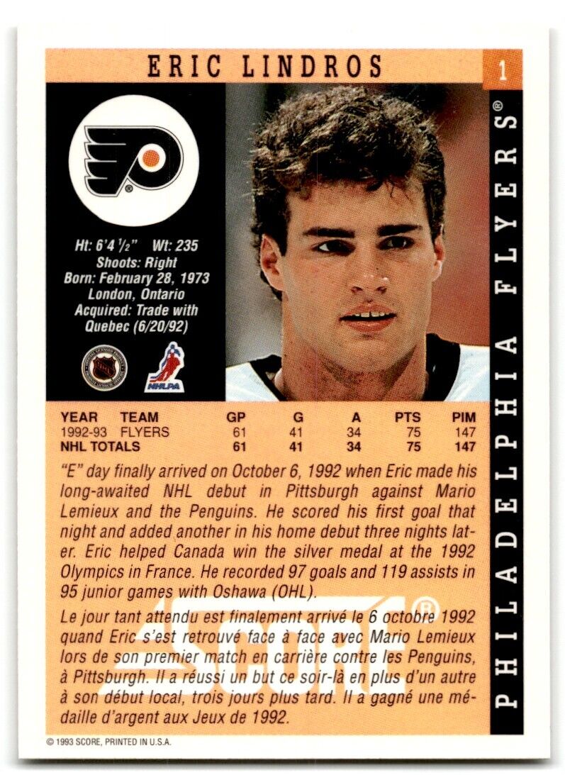 1993-94 Score Eric Lindros Philadelphia Flyers #1