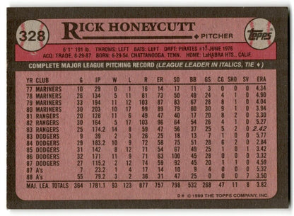 1989 Topps Rick Honeycutt Oakland Athletics #328