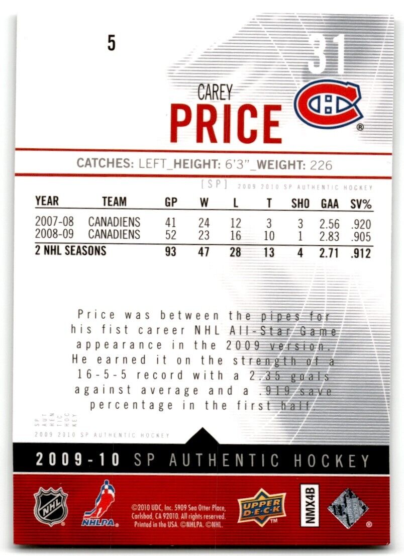 2011-12 SP Authentic Carey Price Montreal Canadiens #5