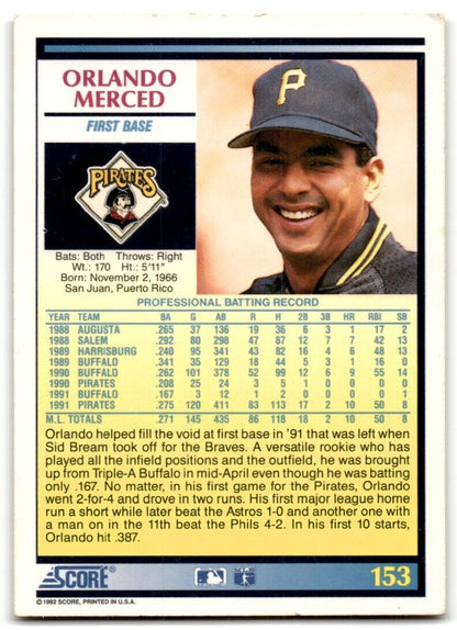 1992 Score Orlando Merced Pittsburgh Pirates #153