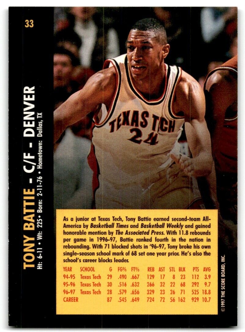 1997-98 Score Board Rookies Tony Battie Texas Tech Red Raiders #33