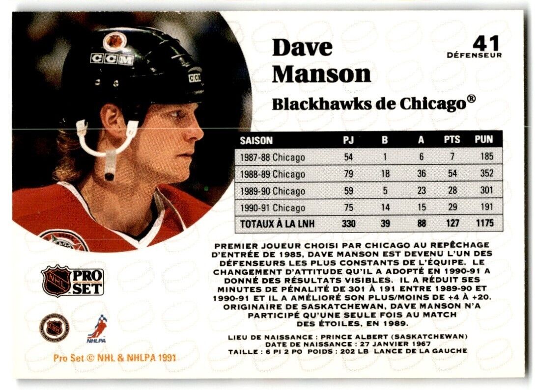 1991-92 Pro Set French Dave Manson Chicago Blackhawks #41