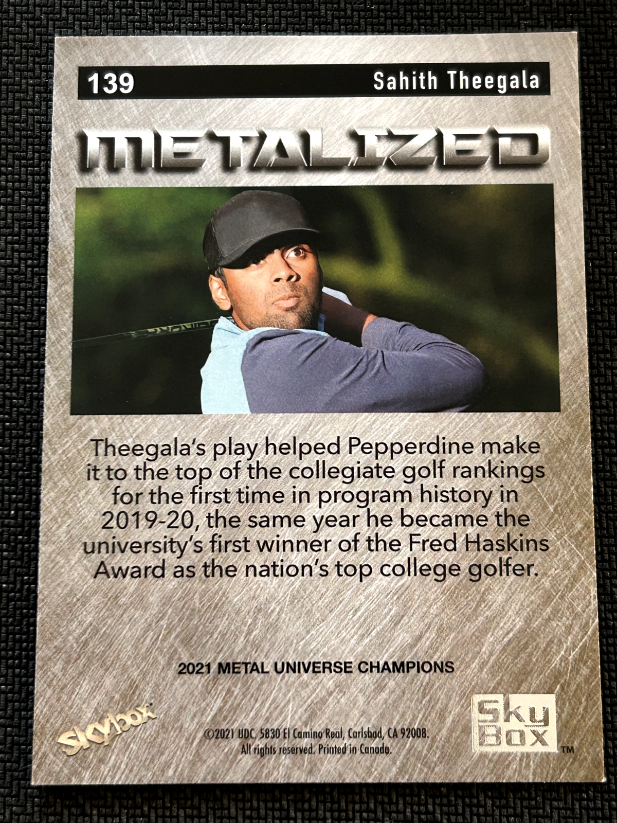 2021 Skybox Metal Universe Champions #139 Sahith Theegala  RC Rookie Metalized