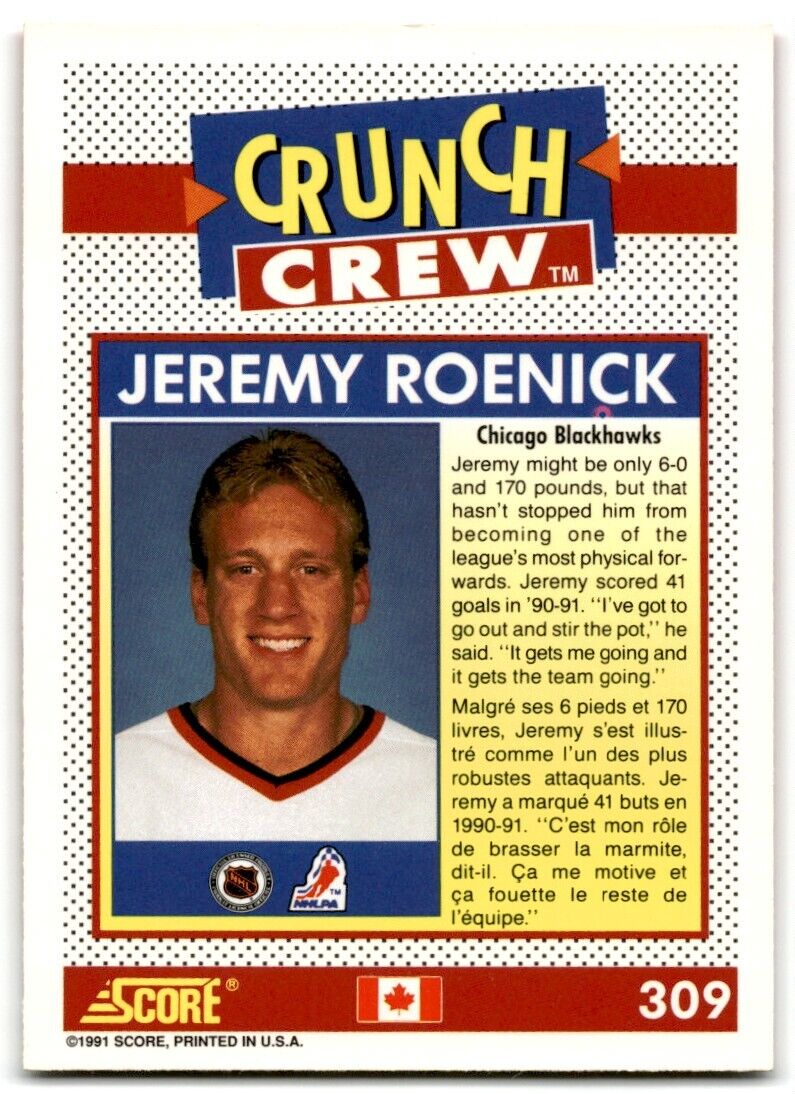 1991-92 Score Canadian Jeremy Roenick Chicago Blackhawks #309