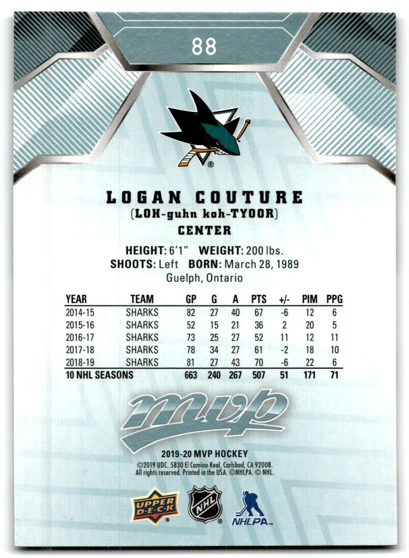 2019-20 Upper Deck MVP Logan Couture San Jose Sharks #88