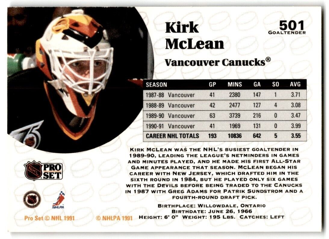 1991-92 Pro Set Kirk McLean Vancouver Canucks #501