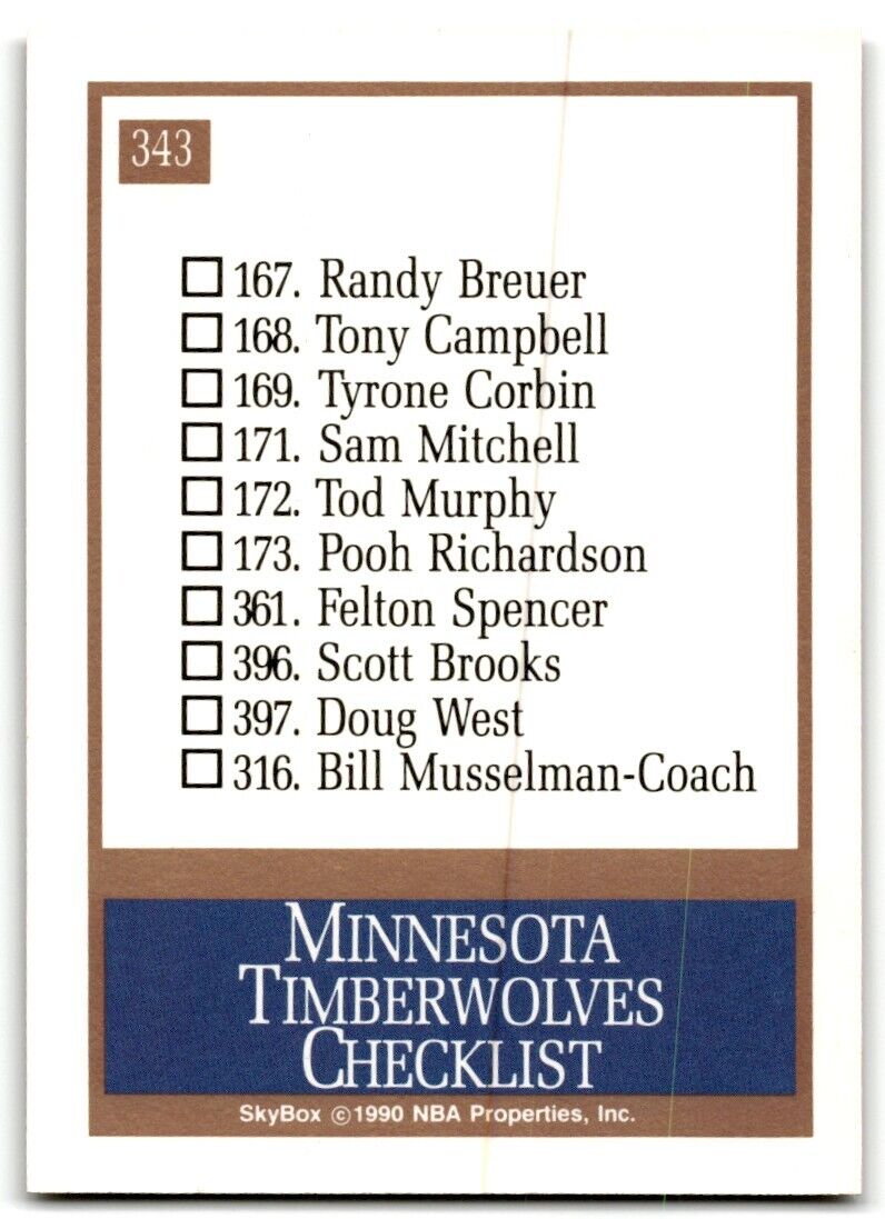 1990-91 SkyBox Minnesota Timberwolves Minnesota Timberwolves #343