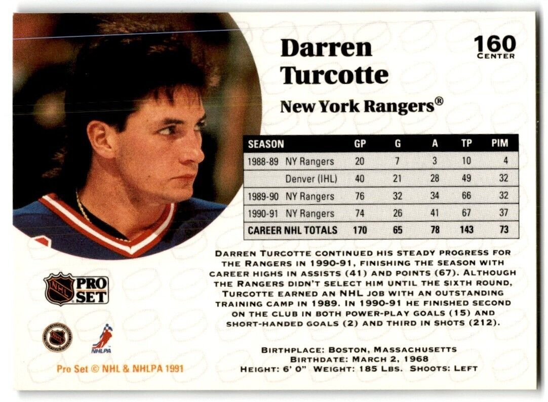 1991-92 Pro Set Darren Turcotte New York Rangers #160