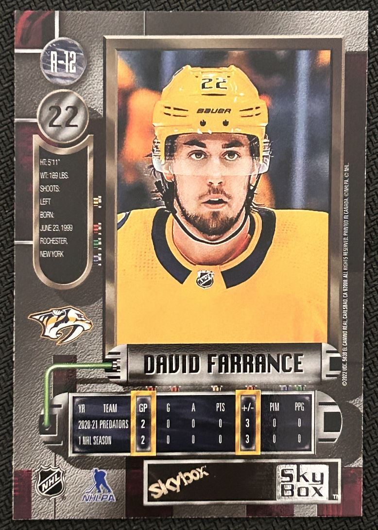 2021-22 Slybox Metal Universe David Farrance Rookie Nashville Predators #R-12