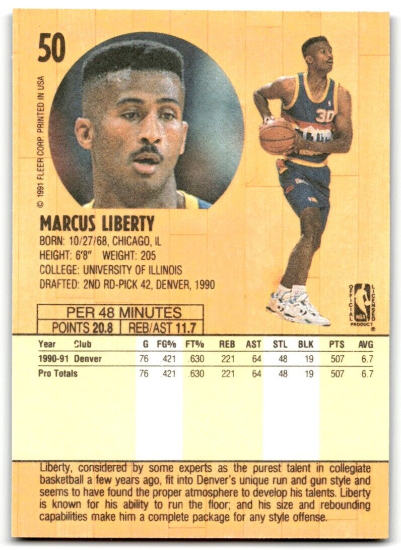 1991-92 Fleer Marcus Liberty Rookie Denver Nuggets #50