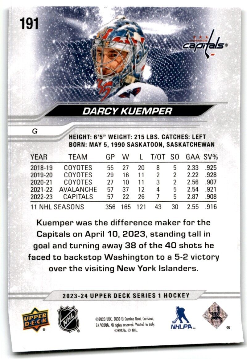 2023-24 Upper Deck Darcy Kuemper Washington Capitals #191