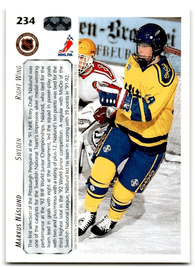 1992-93 Upper Deck Markus Naslund Rookie Sweden #234