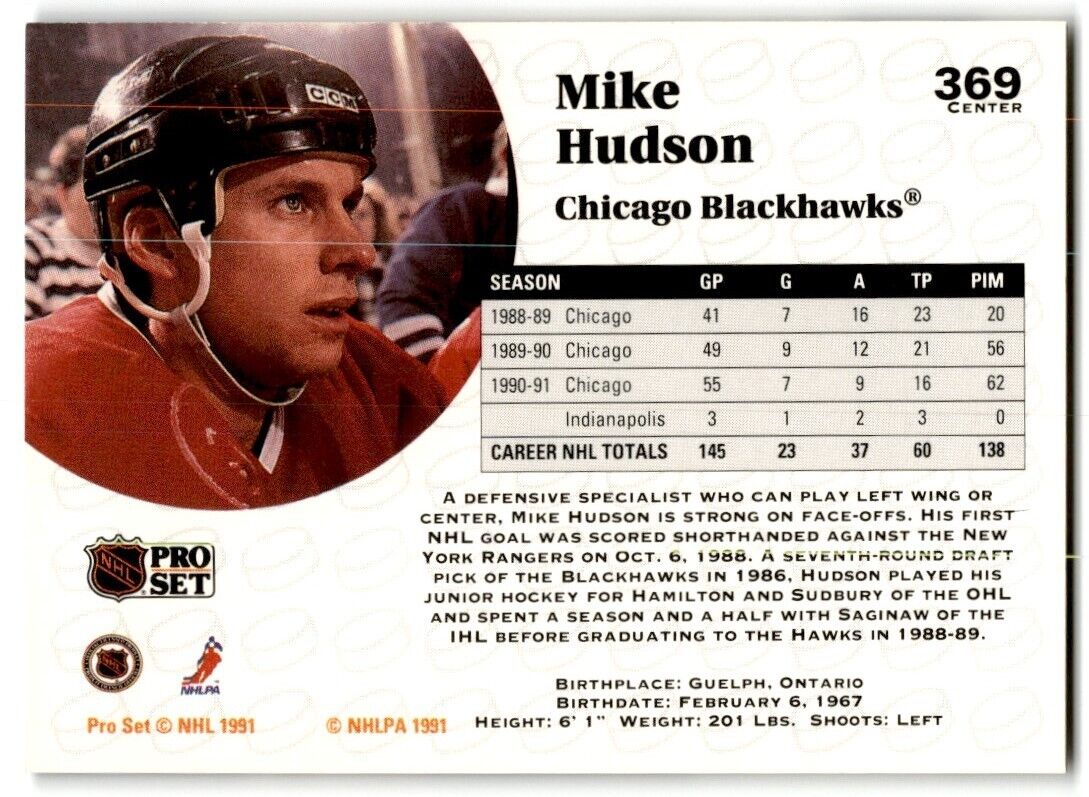 1991-92 Pro Set Mike Hudson Chicago Blackhawks #369