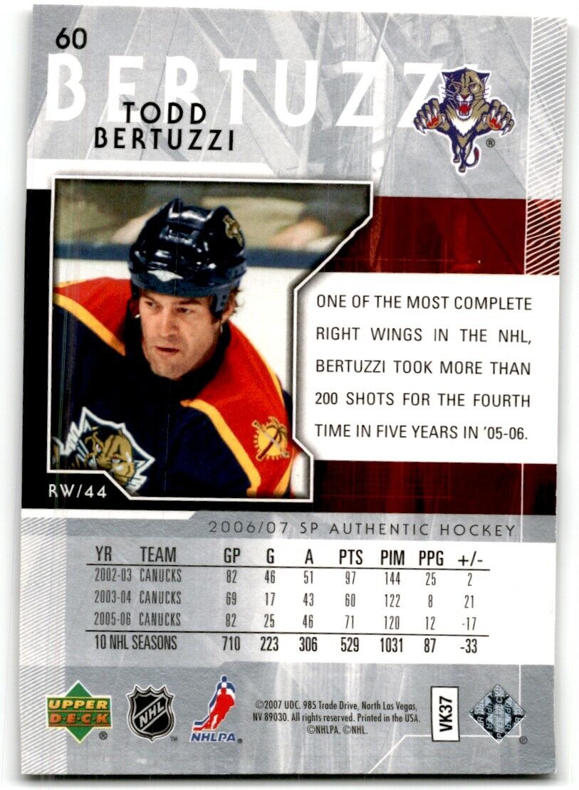 2006-07 SP Authentic Todd Bertuzzi Florida Panthers #60