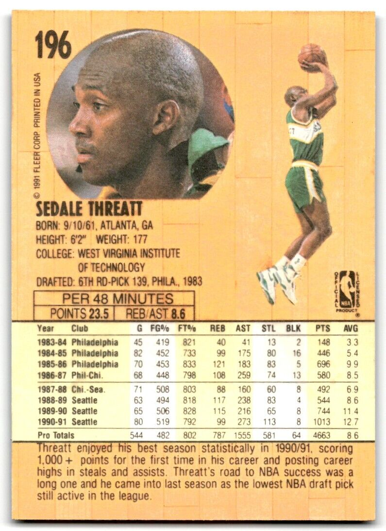 1991-92 Fleer Sedale Threatt Seattle SuperSonics #196