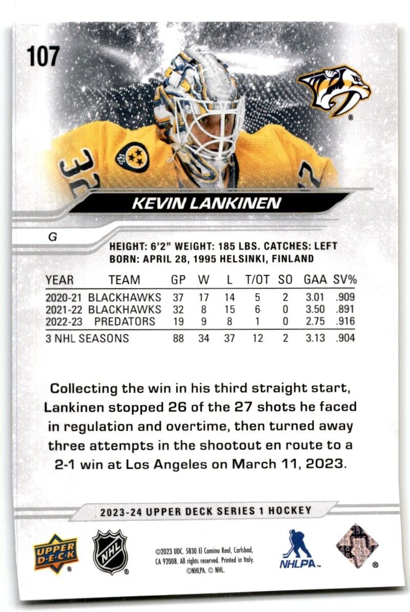 2023-24 Upper Deck Kevin Lankinen Nashville Predators #107