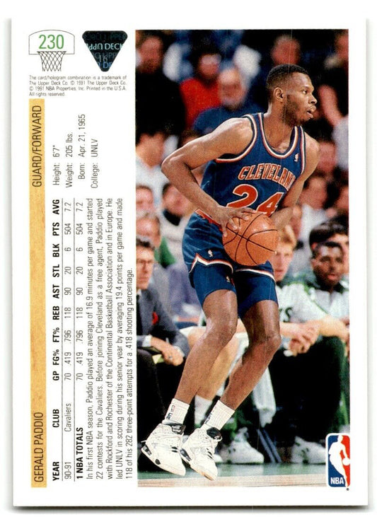 1991-92 Upper Deck Gerald Paddio Rookie Cleveland Cavaliers #230