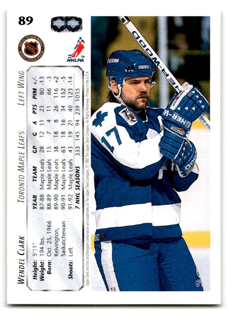 1992-93 Upper Deck Wendel Clark Toronto Maple Leafs #89