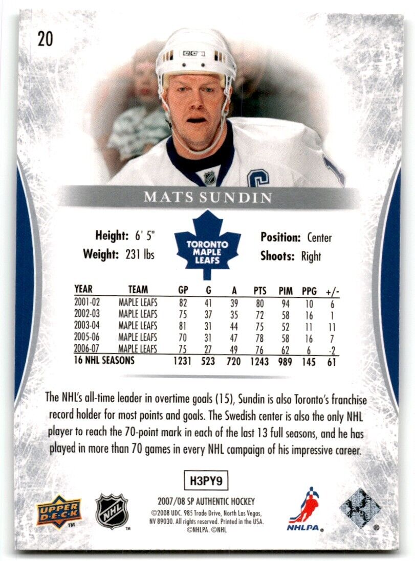 2007-08 SP Authentic Mats Sundin Vancouver Canucks #20