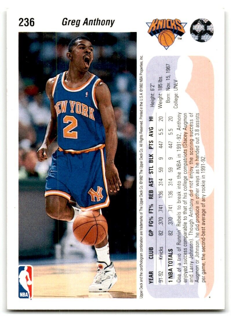 1992-93 Upper Deck Greg Anthony New York Knicks #236