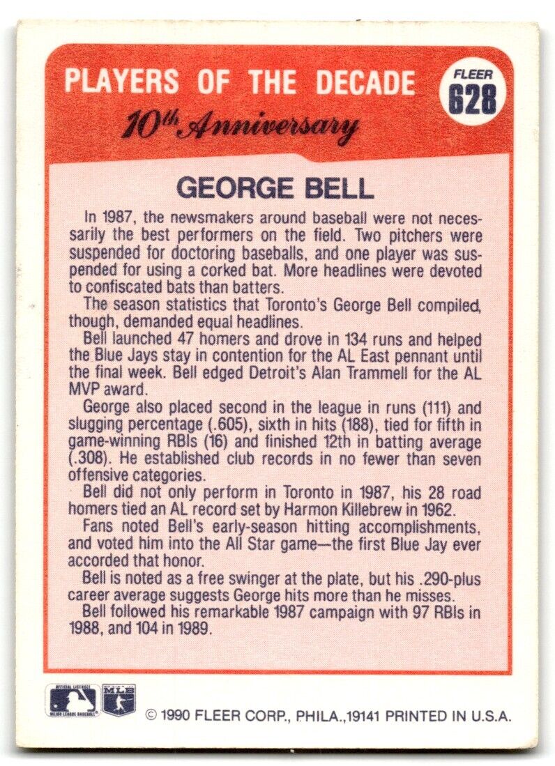 1990 Fleer George Bell Toronto Blue Jays #628