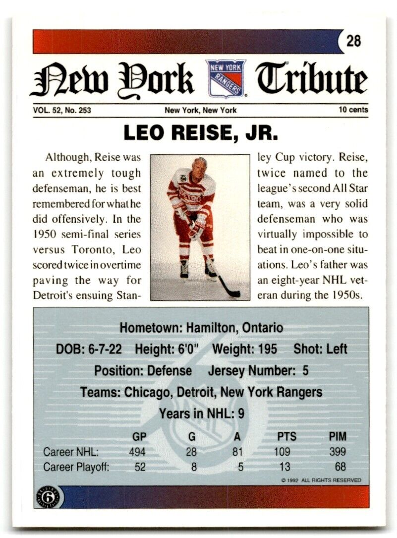 1991-92 Ultimate Original 6 French Leo Reise New York Rangers #28