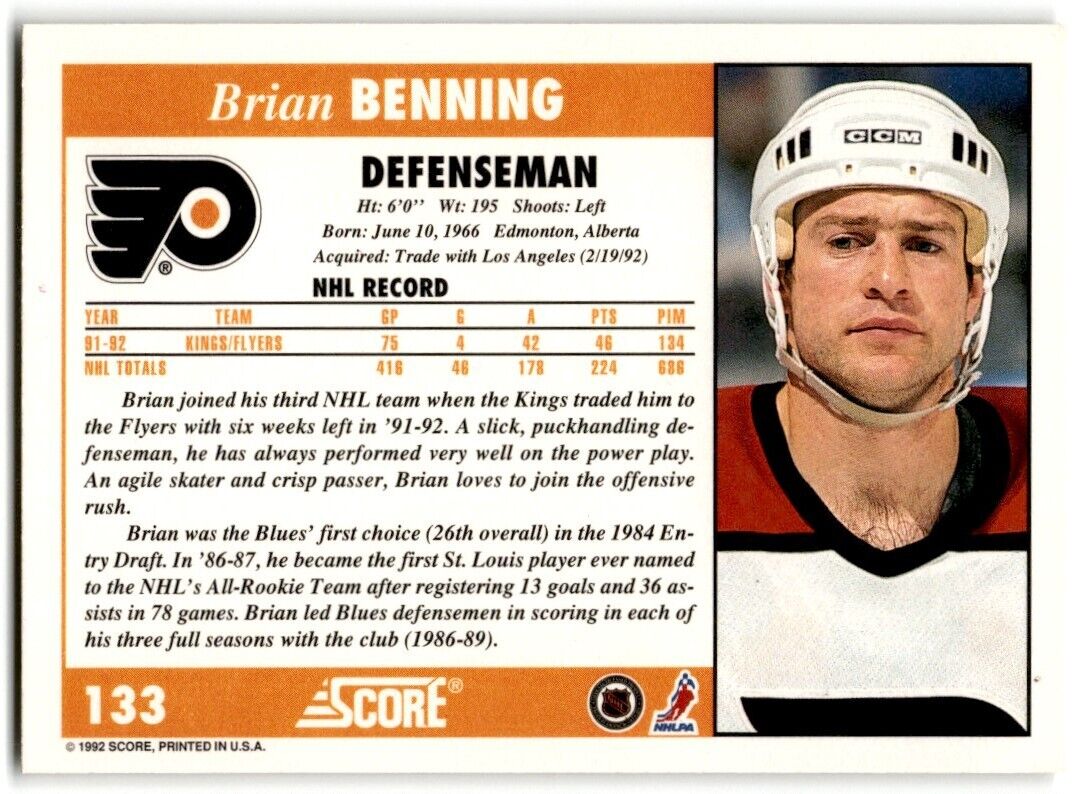 1992-93 Score Brian Benning Philadelphia Flyers #133