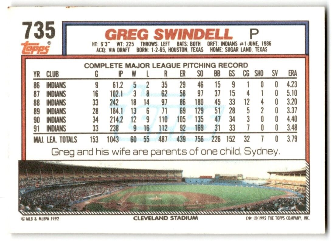 1992 Topps Greg Swindell Cleveland Indians #735