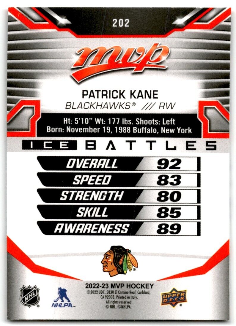 2022-23 Upper Deck MVP Ice Battles Patrick Kane Chicago Blackhawks #202