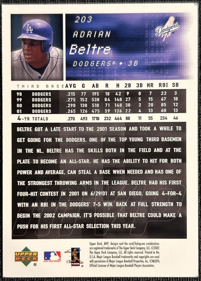 2002 Upper Deck MVP Adrian Beltre Los Angeles Dodgers #203