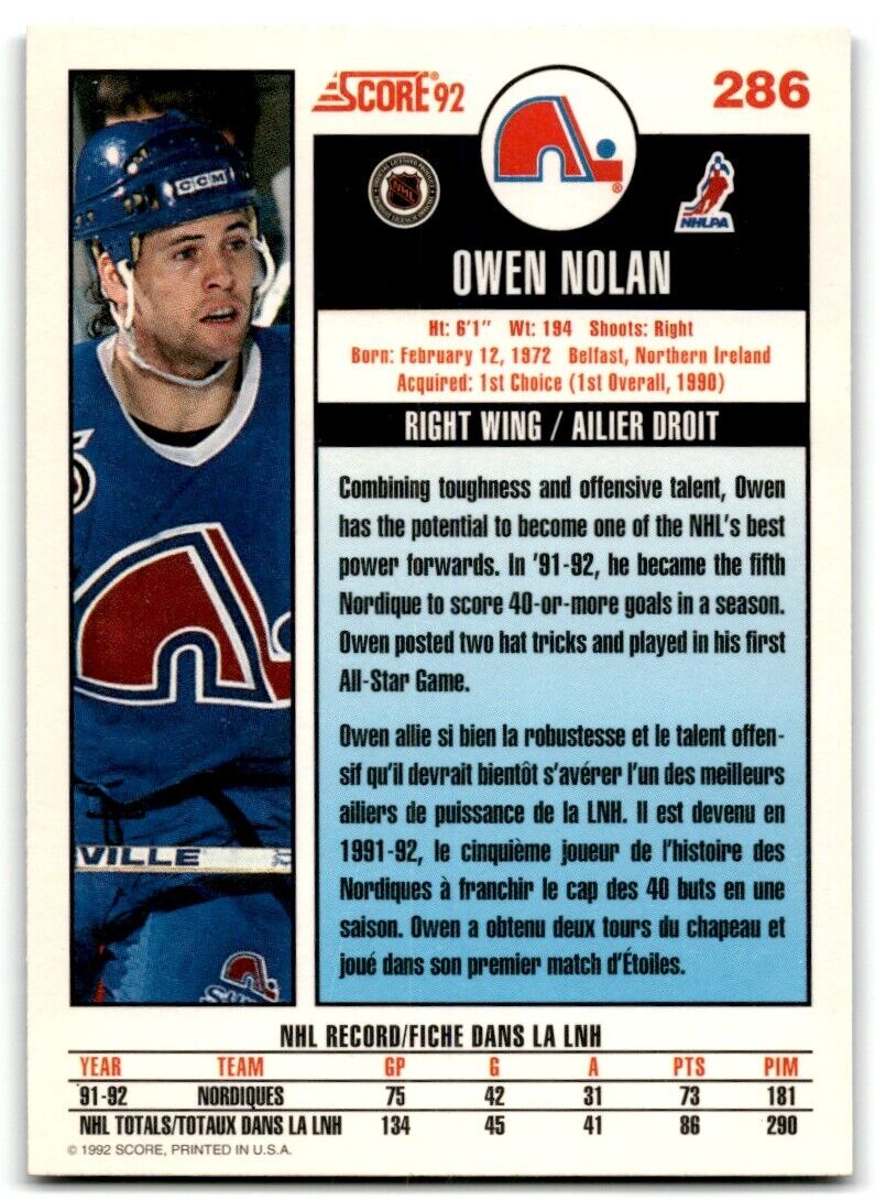 1992-93 Score Owen Nolan Quebec Nordiques #286