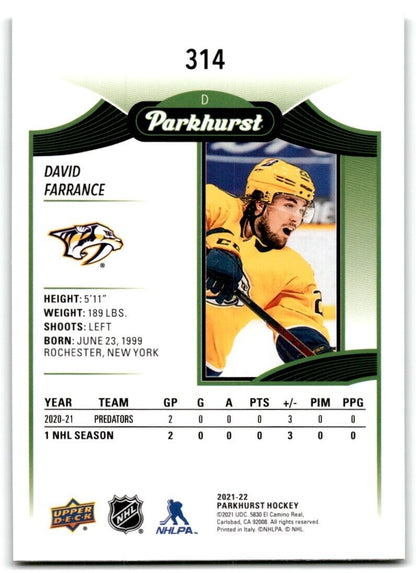 2021-22 Parkhurst David Farrance Nashville Predators #314