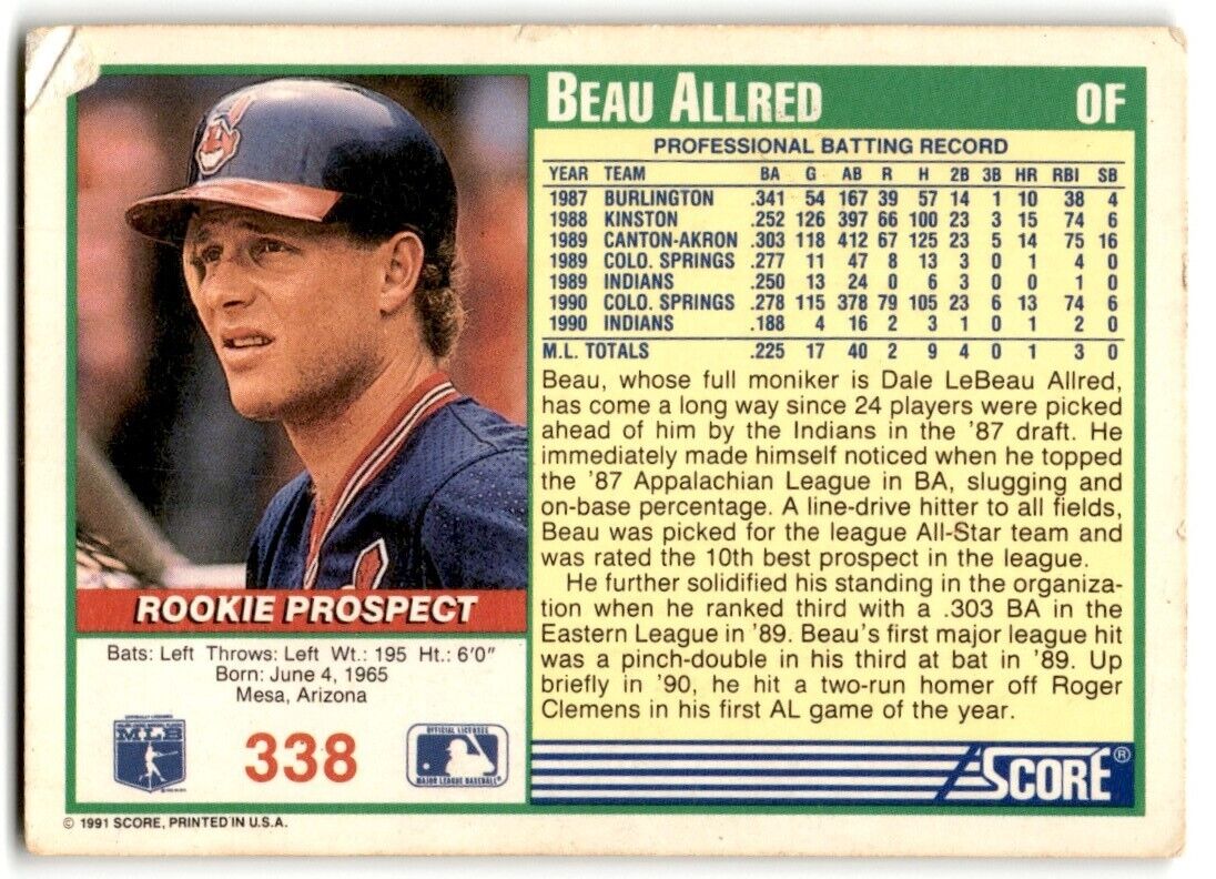 1991 Score Beau Allred Cleveland Indians #338