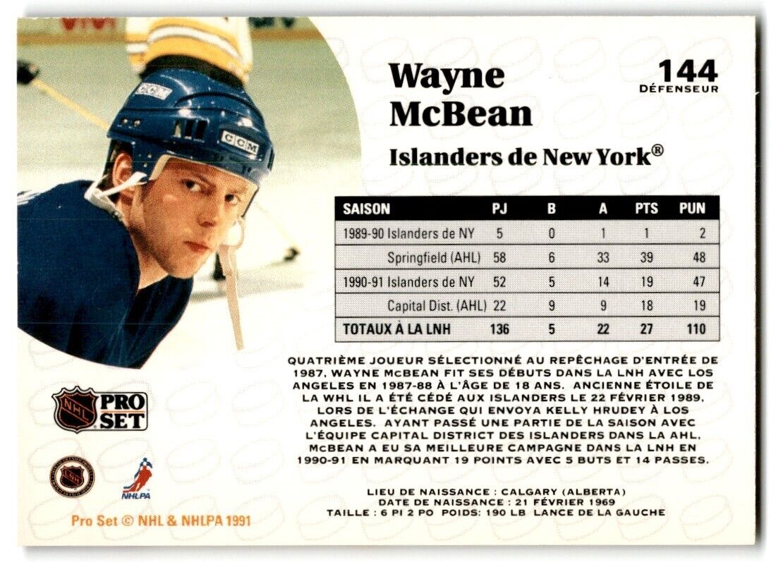 1991-92 Pro Set Wayne McBean New York Islanders #144