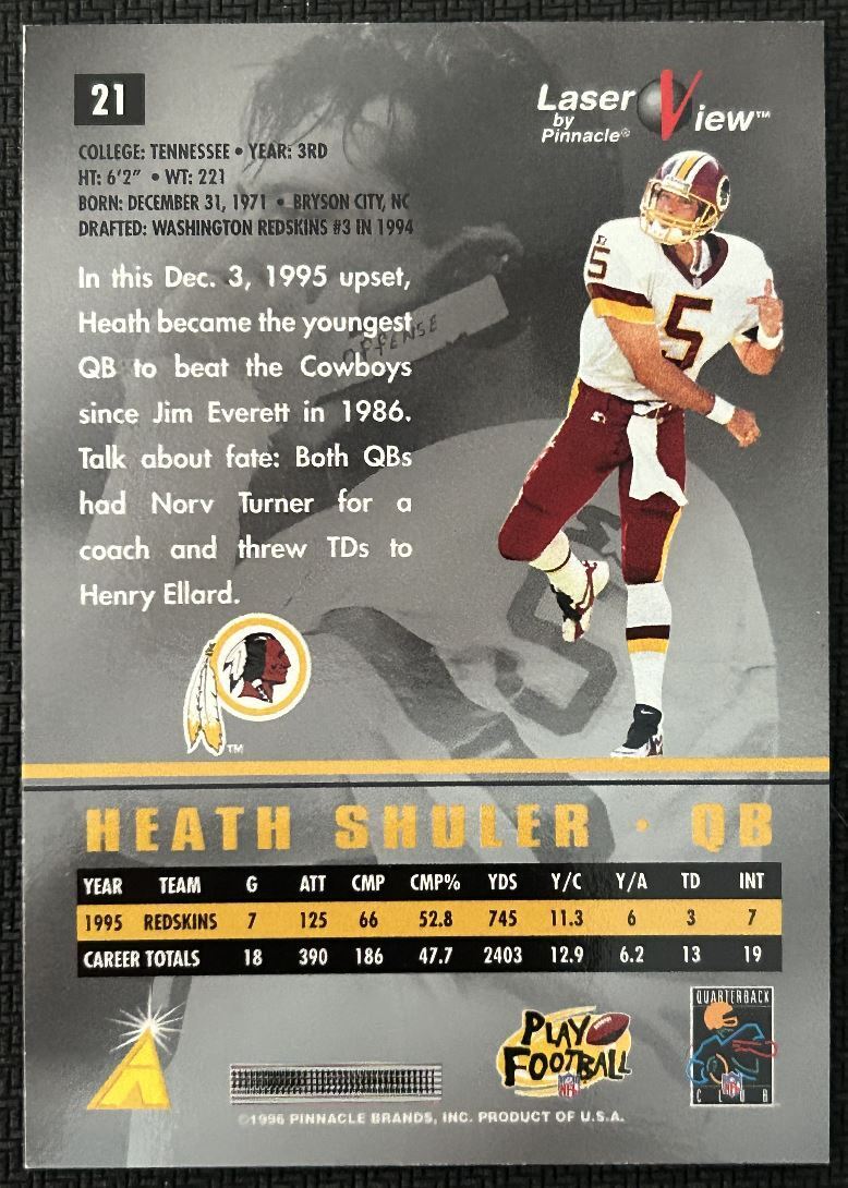 1996 Pinnacle Laser View Hologram Heath Shuler Washington Redskins #21