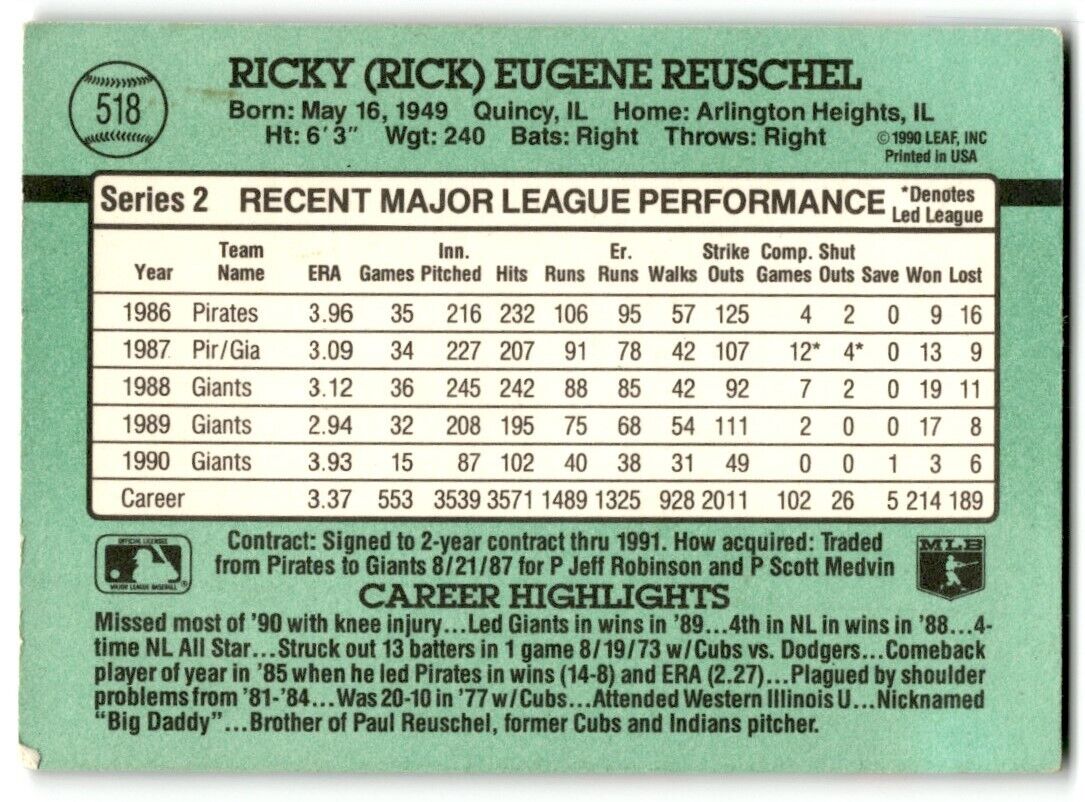 1991 Donruss Rick Reuschel San Francisco Giants #518