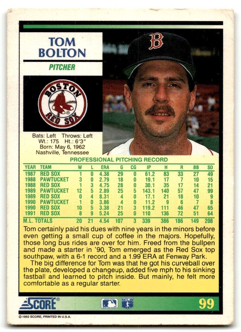 1992 Score Tom Bolton Boston Red Sox #99