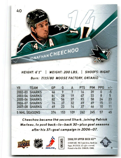 2008-09 Upper Deck Ice Jonathan Cheechoo San Jose Sharks #40