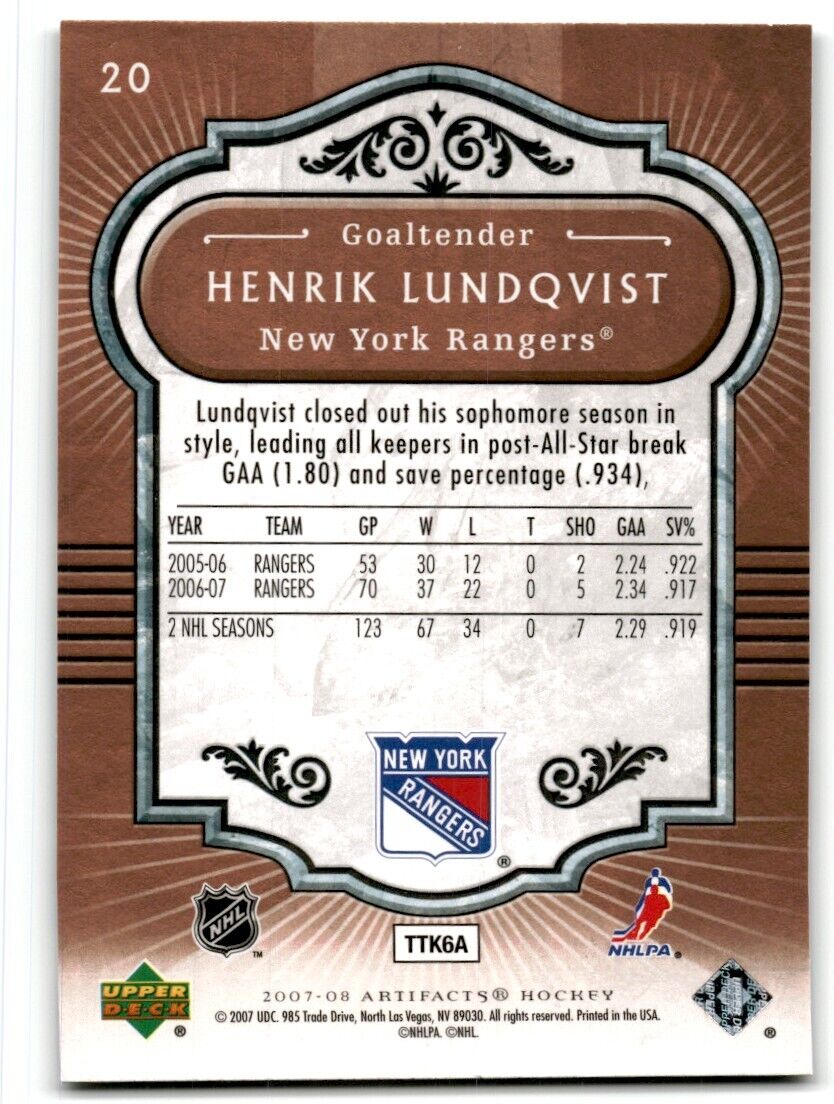 2007-08 Upper Deck Artifacts Henrik Lundqvist New York Rangers #20