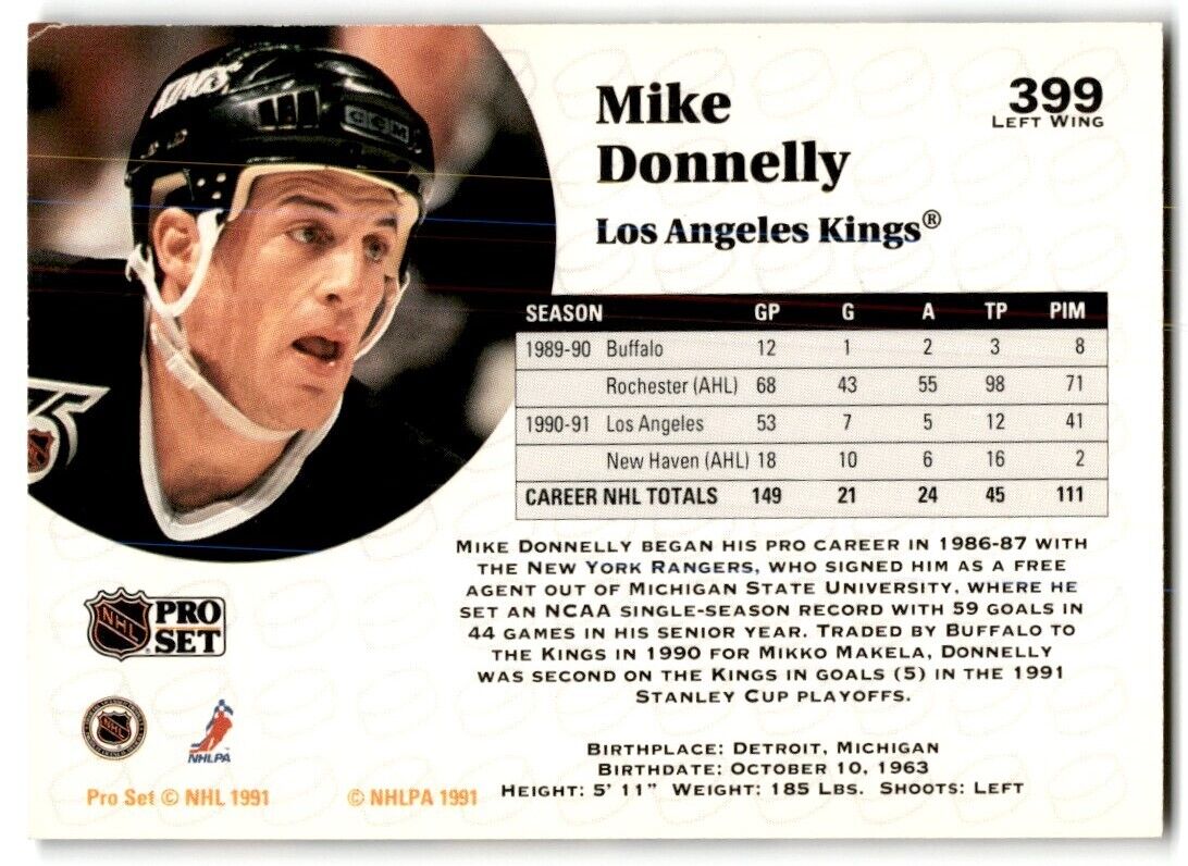 1991-92 Pro Set Mike Donnelly Rookie Los Angeles Kings #399