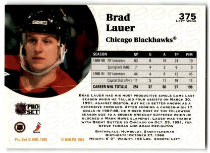 1991-92 Pro Set Brad Lauer Chicago Blackhawks #375