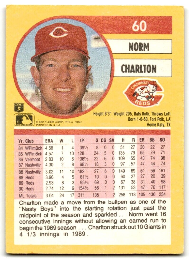 1991 Fleer Norm Charlton Cincinnati Reds #60