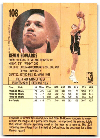 1991-92 Fleer Kevin Edwards Miami Heat #108