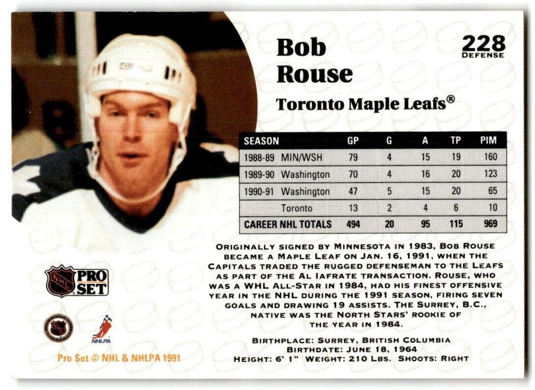 1991-92 Pro Set French Bob Rouse Toronto Maple Leafs #228