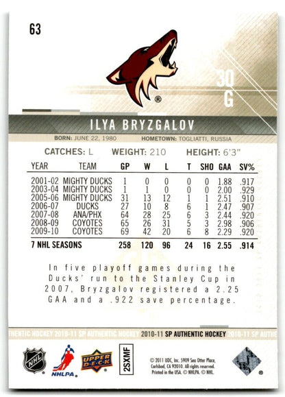 2011-12 SP Authentic Ilya Bryzgalov Phoenix Coyotes #63