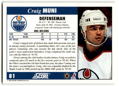 1992-93 Score Craig Muni Edmonton Oilers #81