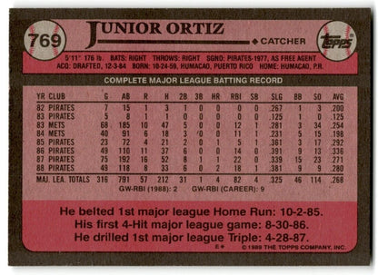 1989 Topps Junior Ortiz Pittsburgh Pirates #769