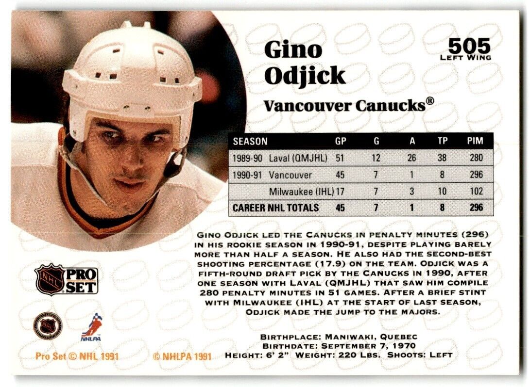 1991-92 Pro Set Gino Odjick Vancouver Canucks #505