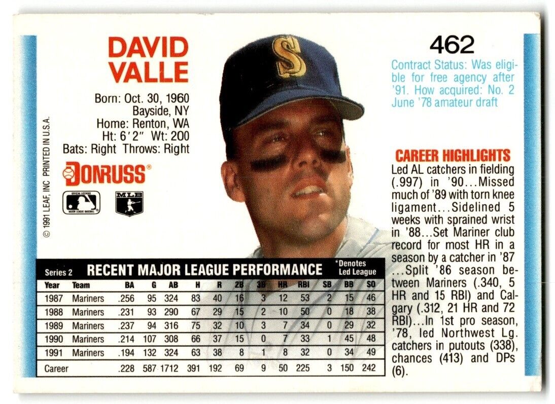 1992 Donruss Dave Valle Seattle Mariners #462